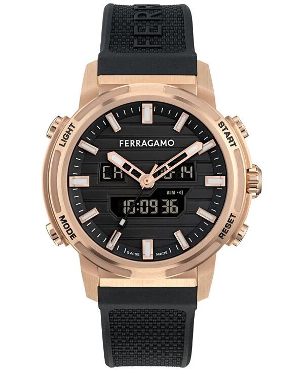 フェラガモ メンズ アクセサリー 腕時計 Ferragamo Sport Anadigit Mens Rose Gold Case Black Digital Dial Strap Watch 43m