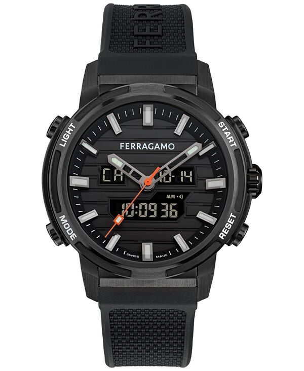 フェラガモ メンズ アクセサリー 腕時計 Ferragamo Menswiss AnalogDigital Sport Anadigit Black Silicone Strap Watch 43mm