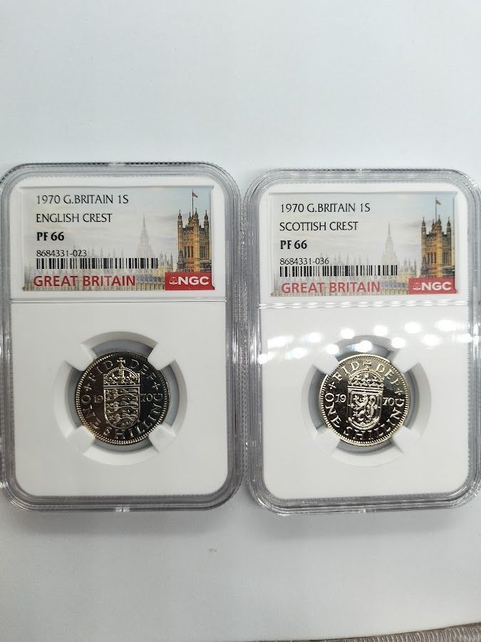 【２点セット】NGC PF66 1970年 イギリス 1シリング（12ペンス）プルーフ イングランドの紋章　プルーフ スコットランドの紋章