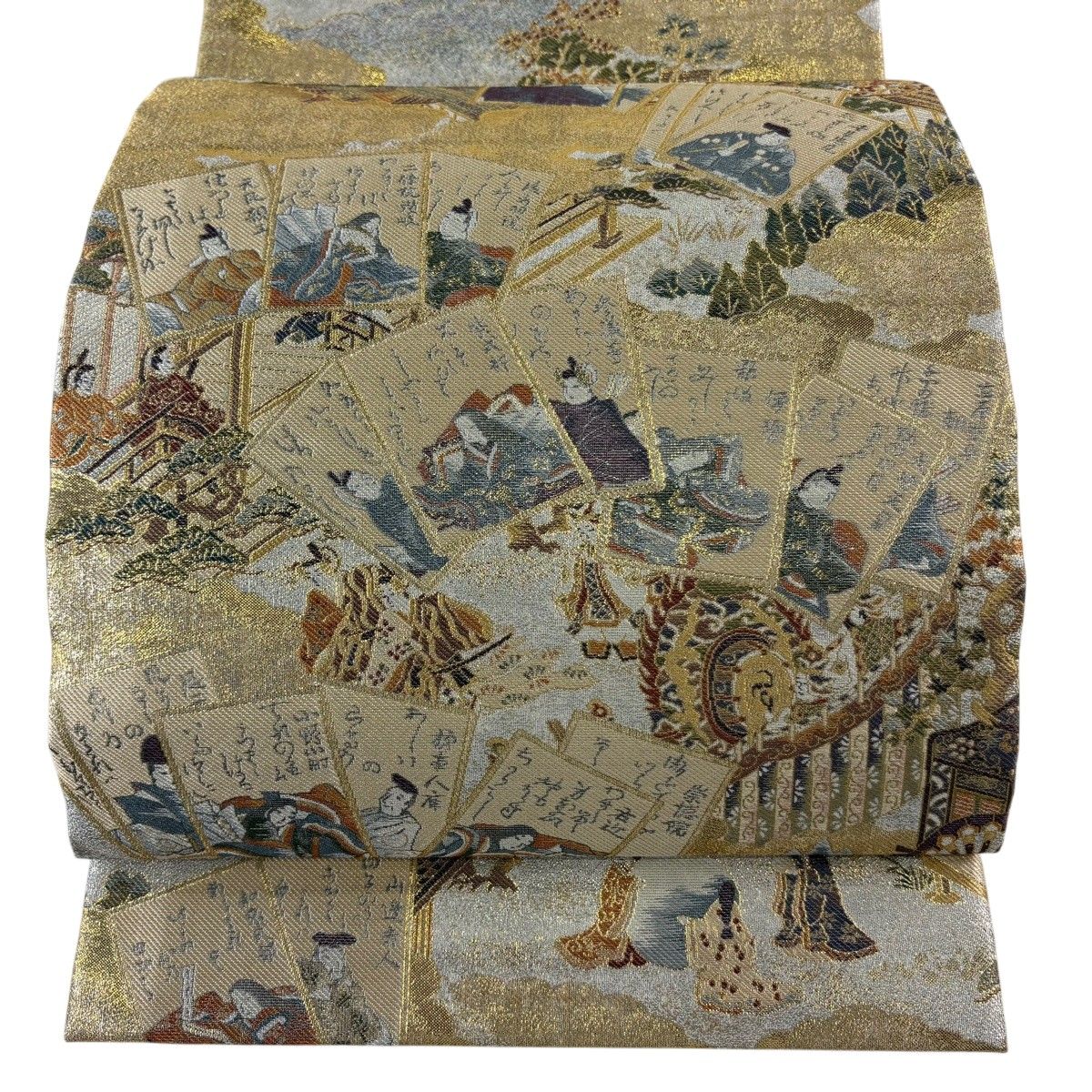 丸帯 名品 小倉山源氏物語 金糸 箔 金色 お太鼓柄 正絹 【中古】