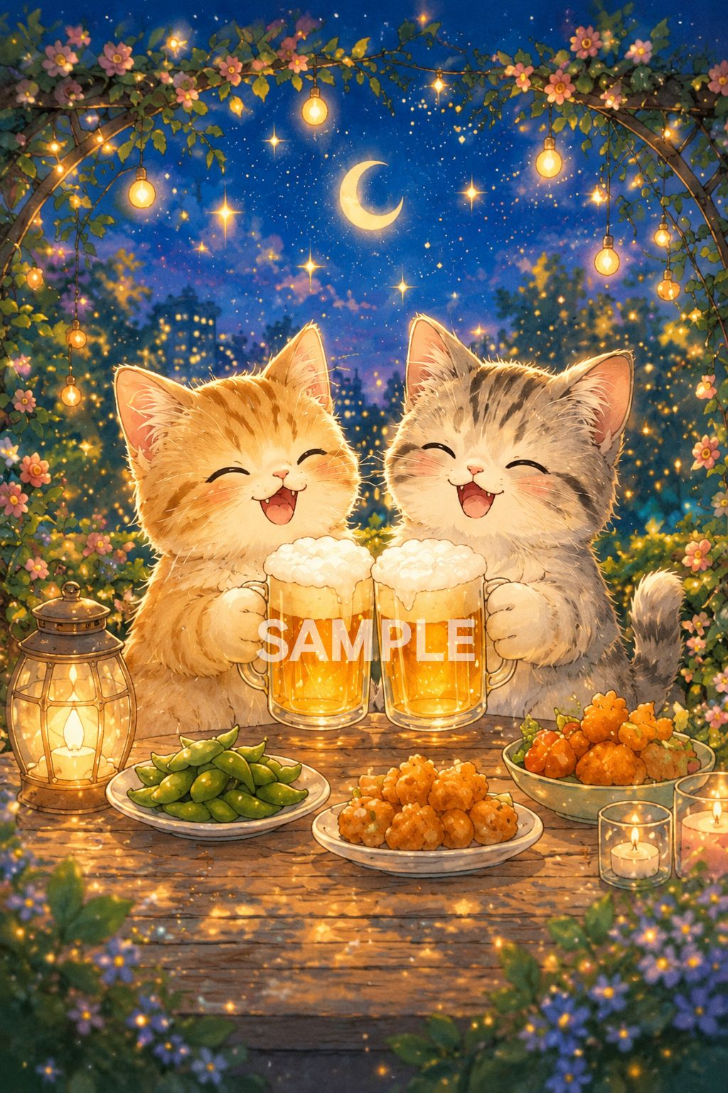 絵画 。手描き【猫たちの美しいろうそく、美味しいシャンパンディナーの夜】 828 癒しのビアガーデン猫イラスト 月夜で乾杯する子猫たち ポスター