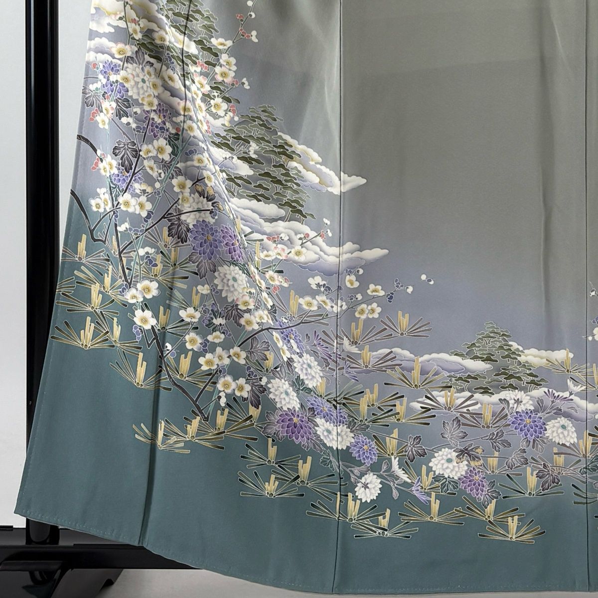 訪問着 身丈161cm 裄丈64cm M 袷 小花 流水 刺繍 金糸 青灰色 正絹