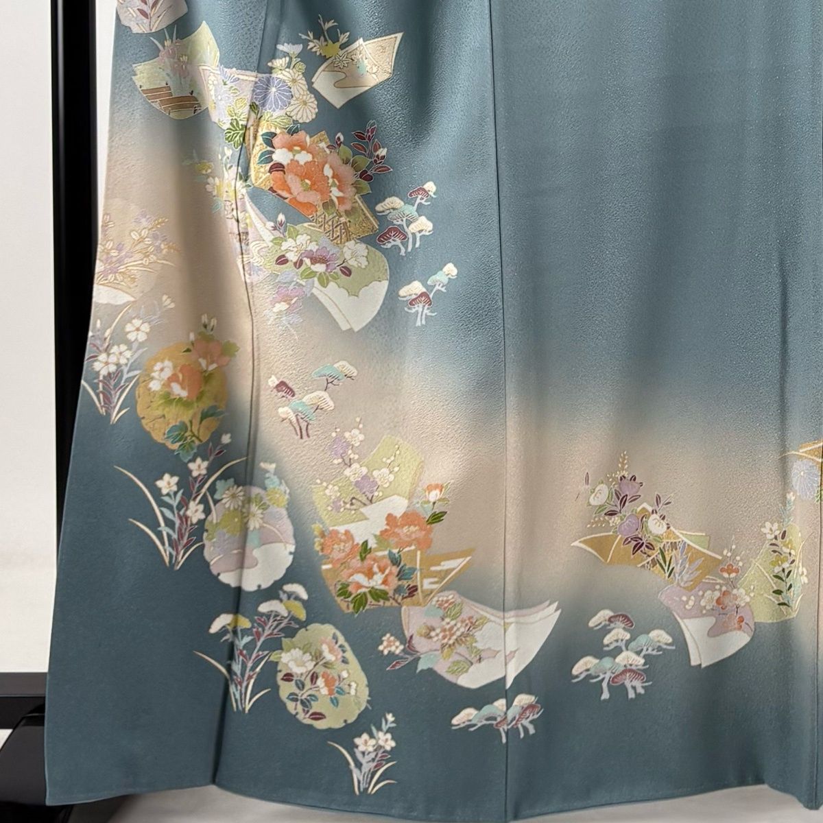 訪問着 身丈165cm 裄丈67.5cm L 袷 草花 誰が袖 金彩 ぼかし 青灰色