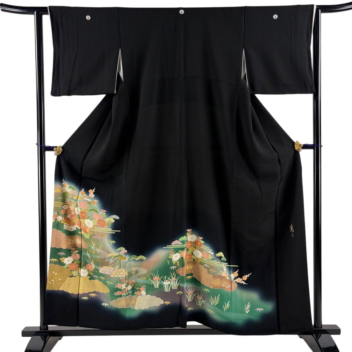 黒留袖 身丈156.5cm 裄丈61.5cm S 袷 松井青々 落款 家屋 松竹梅 金糸 金銀彩 黒 正絹 名品 【中古】