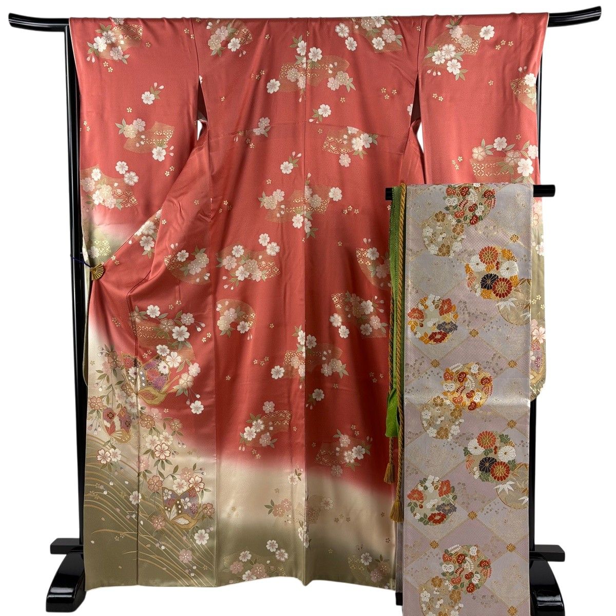 美品】 振袖 身丈166cm 裄丈68.5cm L 袷 牡丹 桜 金糸 金銀彩