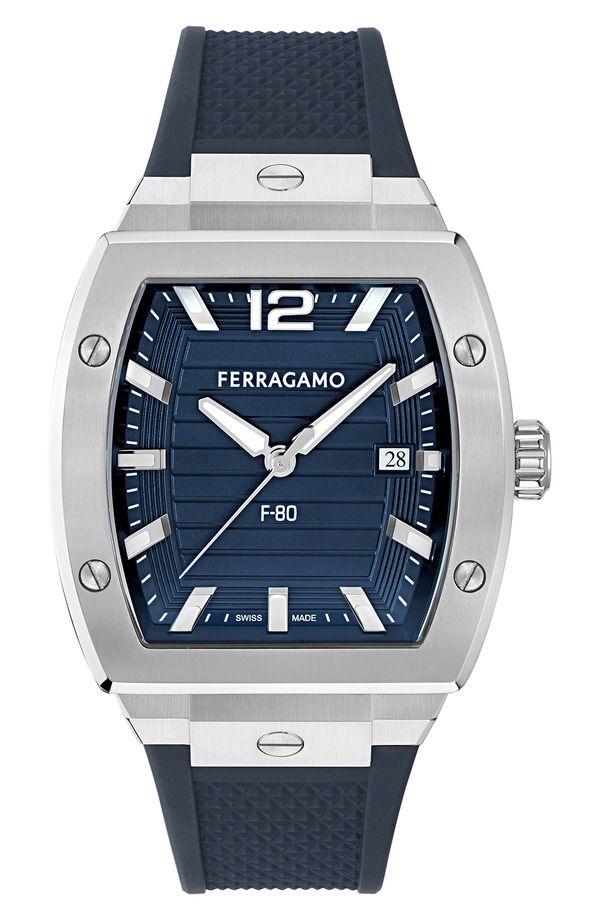 フェラガモ メンズ アクセサリー 腕時計 FERRAGAMO F80 Tonneau Silicone Strap Watch 42mm StainlessteelBlue ブルー