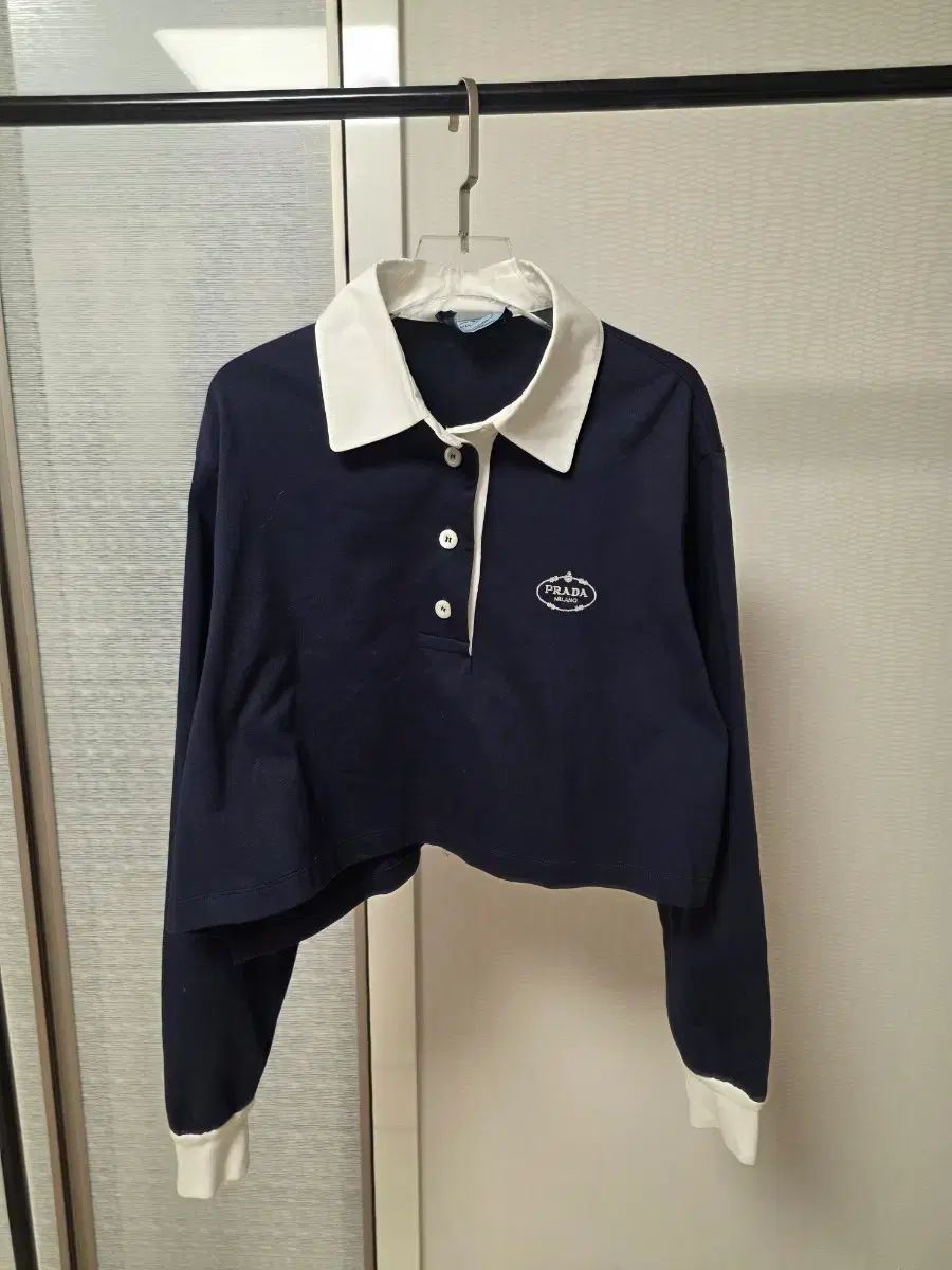 (S) プラダ ネイビー 長袖 クロップド ポロTシャツ レディース