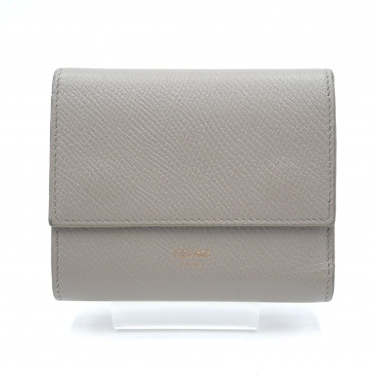 CELINE(セリーヌ)スモール トリフォールドウォレット 三つ折り財布 グレー レザー ゴールド金具 10B573BEL レディース【中古】