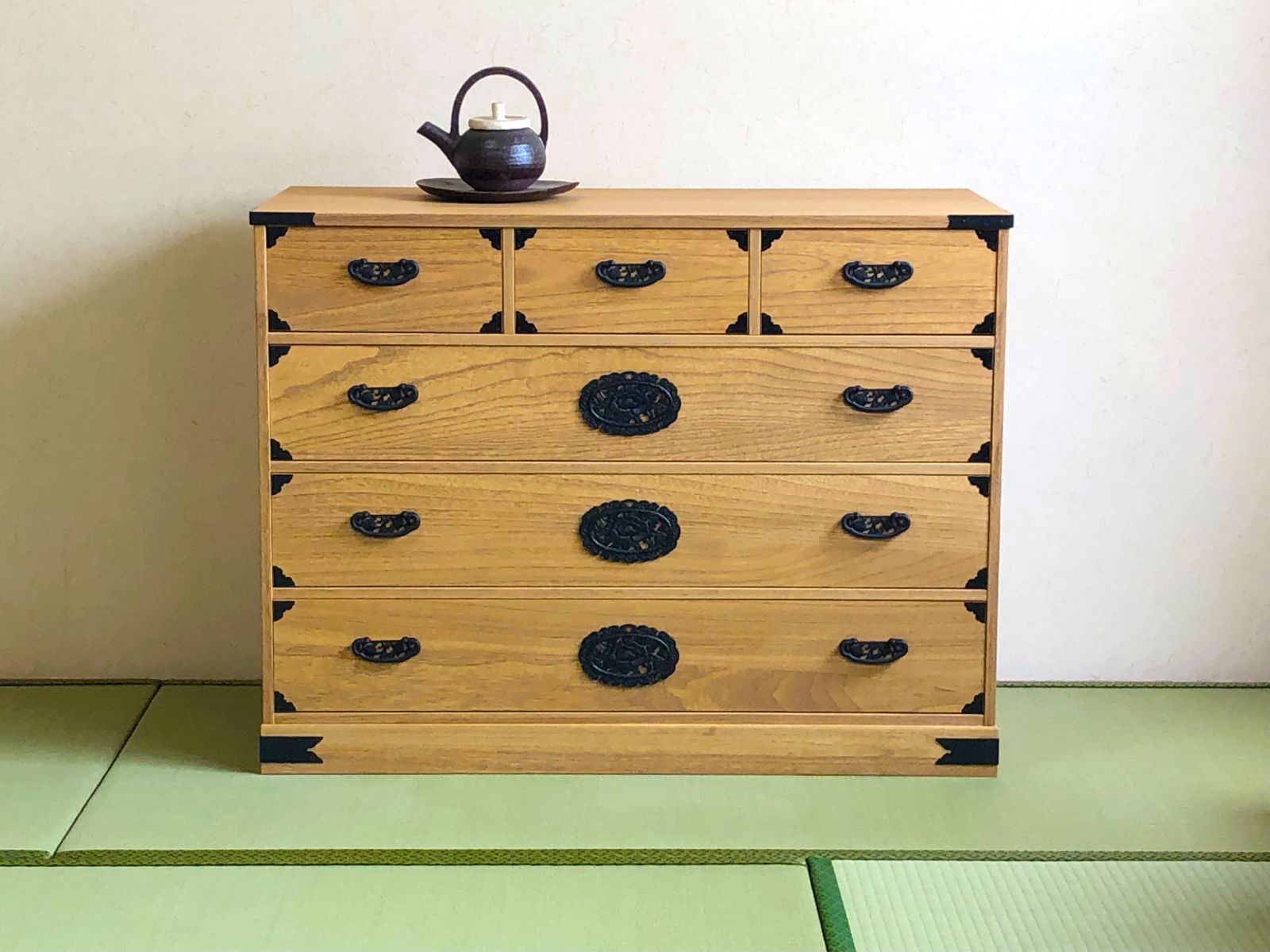 総桐民芸箪笥 タンス たんす チェスト 国産 完成品 100幅-4段 焼桐風仕上げ 砥の粉風仕上げ 天然オイル仕上げ 健康家具 格安 送料無料