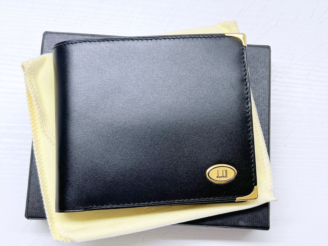 未使用保管　美品　Dunhill　ダンヒル　オックスフォード　オーバルロゴ　小銭入れ付き　二つ折り長財布　黒　ゴールド　WM3400A