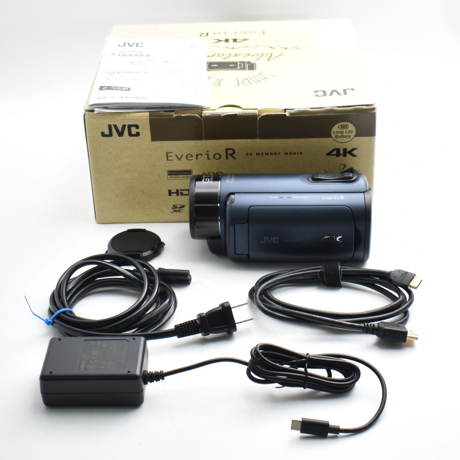 B#13124 JVCKENWOOD JVC ビデオカメラ Everio R 4K撮影 防水 防塵 ディープオーシャンブルー GZ-RY980-A