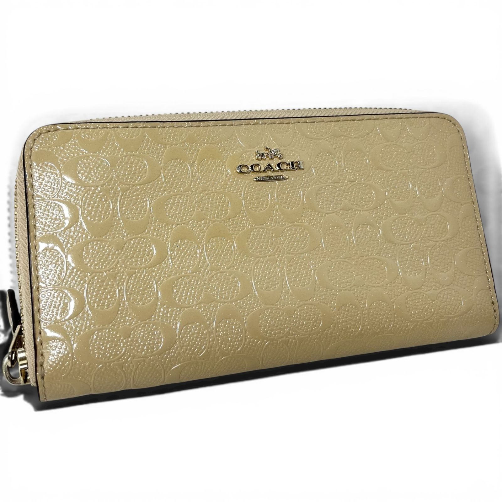COACH コーチ 長財布 シグネチャー エナメル ベージュ ラウンド 