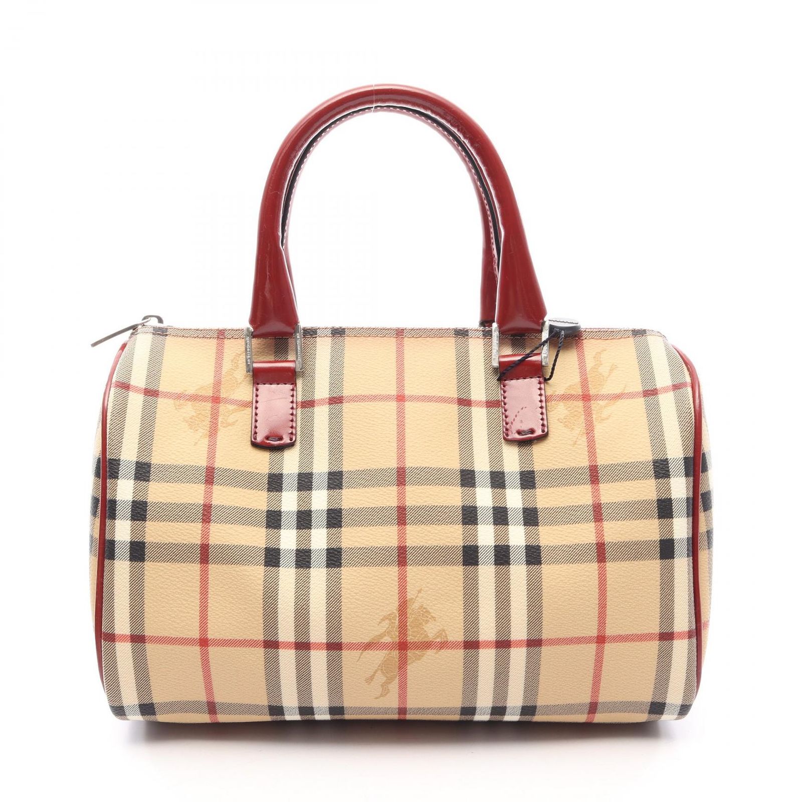 バーバリー BURBERRY ハンドバッグ ヘイマーケットチェック ボウリングバッグ ベージュ/レッド/ブラック PVCコーティングキャンバス レザー ヘイマーケット ボウリングバッグ ミディアム