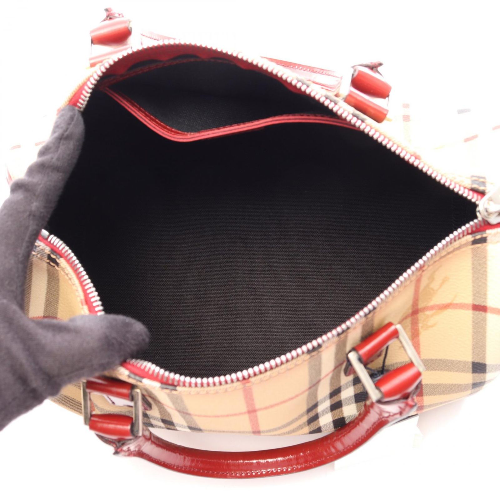 バーバリー BURBERRY ハンドバッグ ヘイマーケットチェック ボウリングバッグ ベージュ/レッド/ブラック PVCコーティングキャンバス レザー ヘイマーケット ボウリングバッグ ミディアム