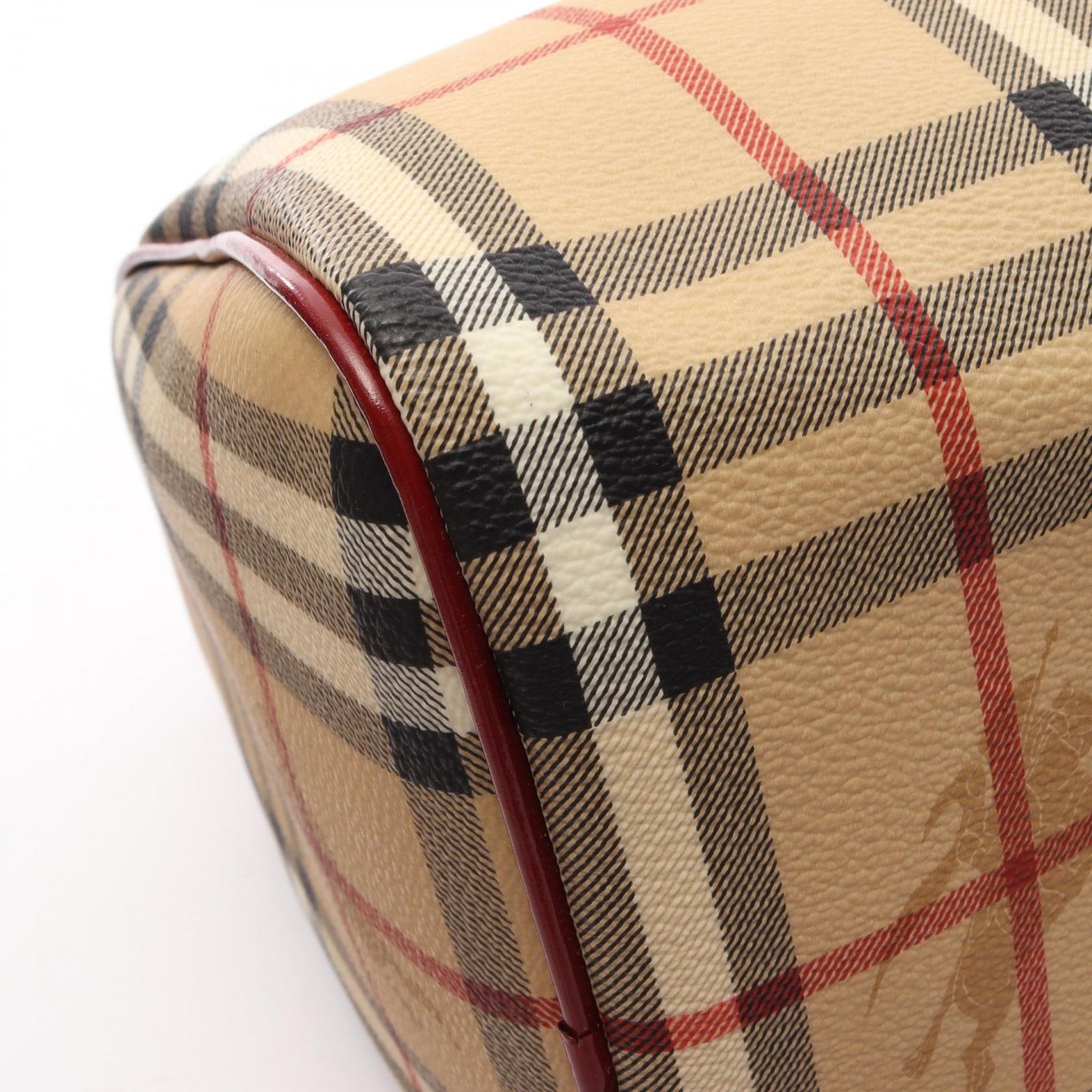 バーバリー BURBERRY ハンドバッグ ヘイマーケットチェック ボウリングバッグ ベージュ/レッド/ブラック PVCコーティングキャンバス レザー ヘイマーケット ボウリングバッグ ミディアム