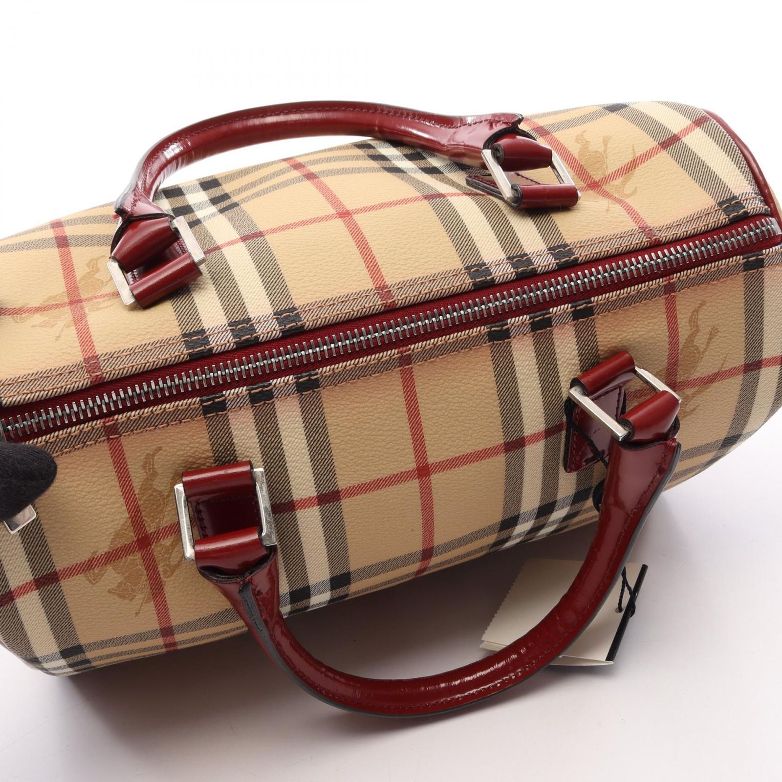 バーバリー BURBERRY ハンドバッグ ヘイマーケットチェック ボウリングバッグ ベージュ/レッド/ブラック PVCコーティングキャンバス レザー ヘイマーケット ボウリングバッグ ミディアム