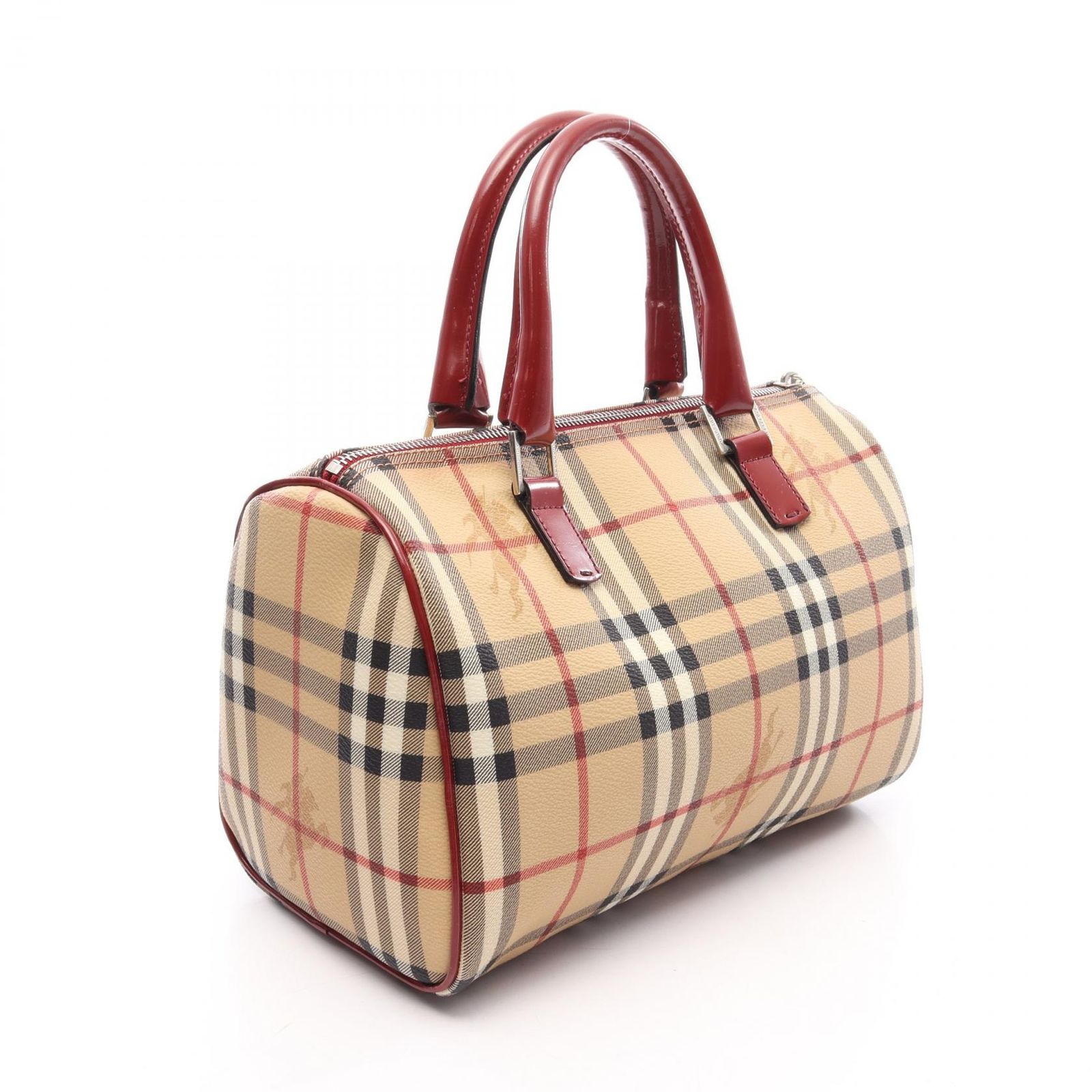 バーバリー BURBERRY ハンドバッグ ヘイマーケットチェック ボウリングバッグ ベージュ/レッド/ブラック PVCコーティングキャンバス レザー ヘイマーケット ボウリングバッグ ミディアム