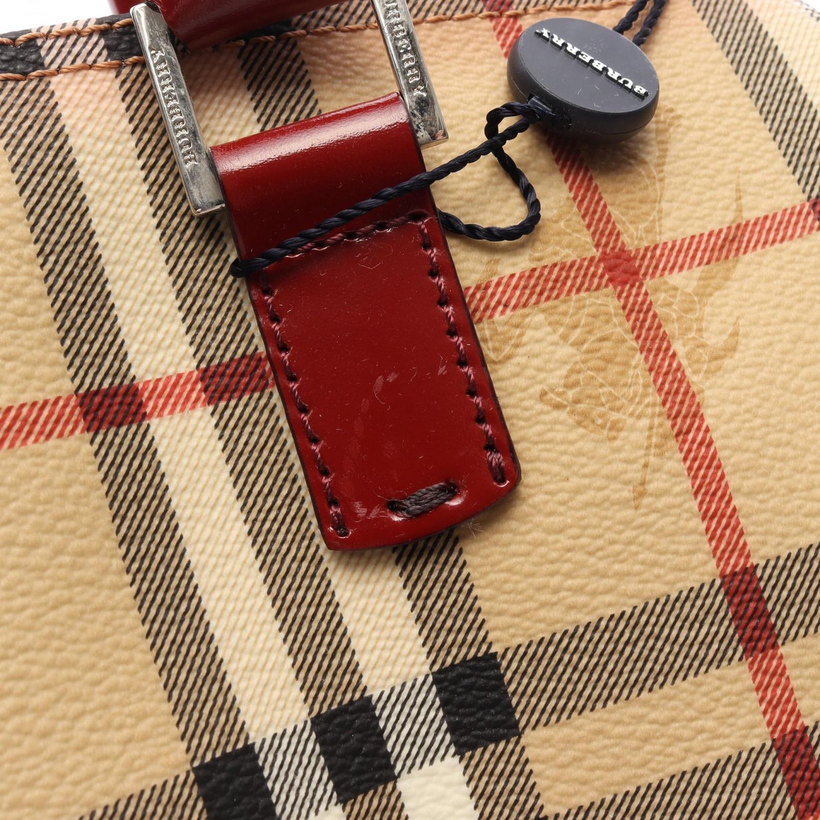 バーバリー BURBERRY ハンドバッグ ヘイマーケットチェック ボウリングバッグ ベージュ/レッド/ブラック PVCコーティングキャンバス レザー ヘイマーケット ボウリングバッグ ミディアム
