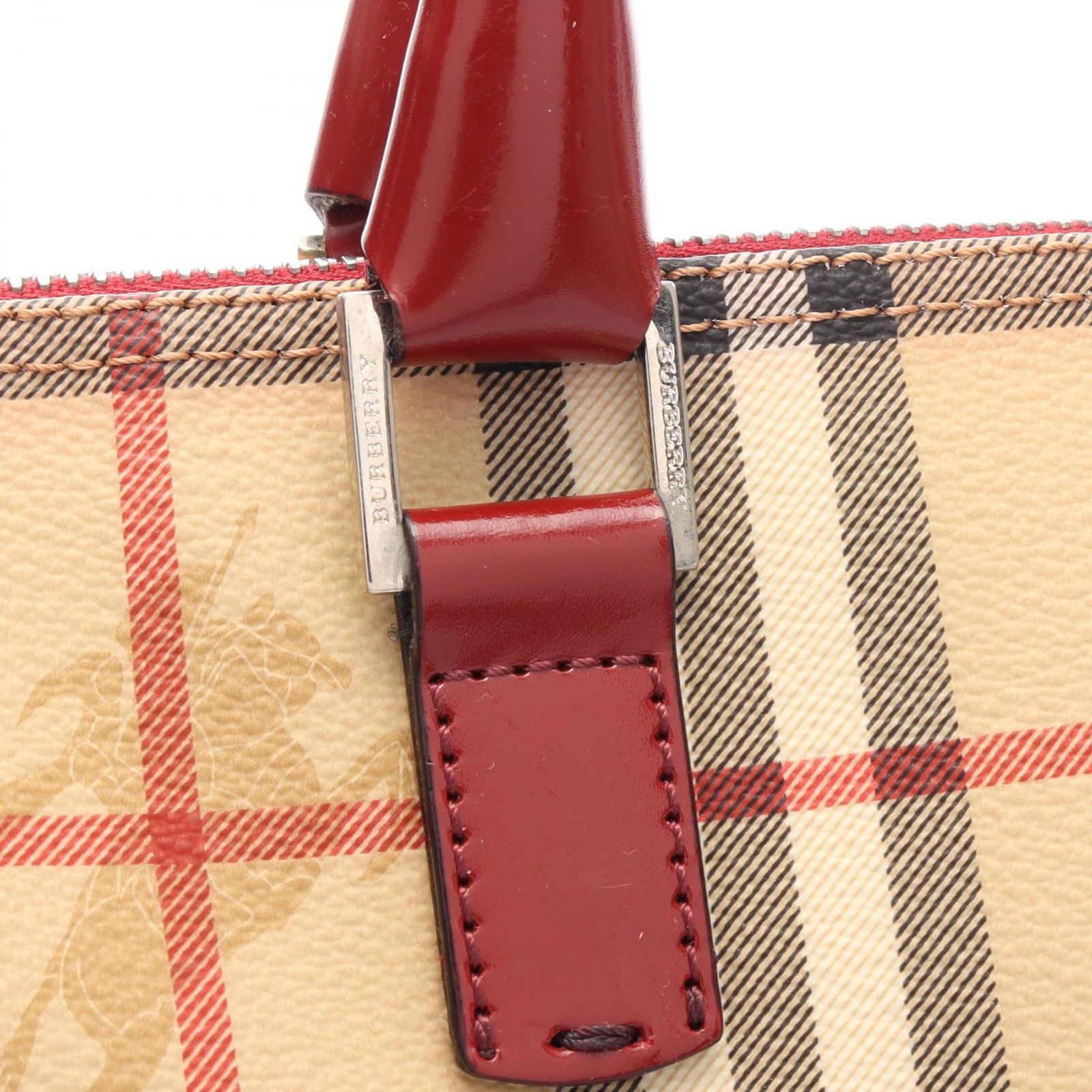 バーバリー BURBERRY ハンドバッグ ヘイマーケットチェック ボウリングバッグ ベージュ/レッド/ブラック PVCコーティングキャンバス レザー ヘイマーケット ボウリングバッグ ミディアム