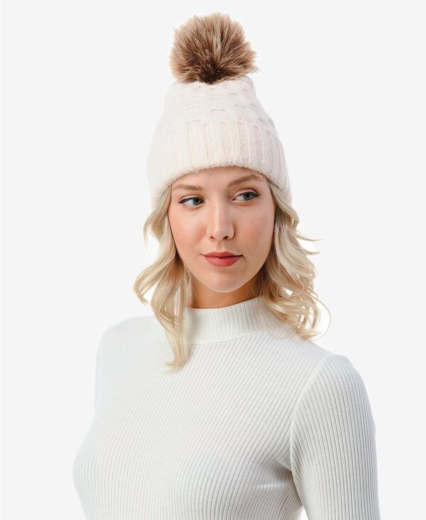 マーカスアドレール レディース アクセサリー 帽子 ニット Marcus Adler Womens Cable Knit Pom Beanie with Cuff Ivory アイボリー