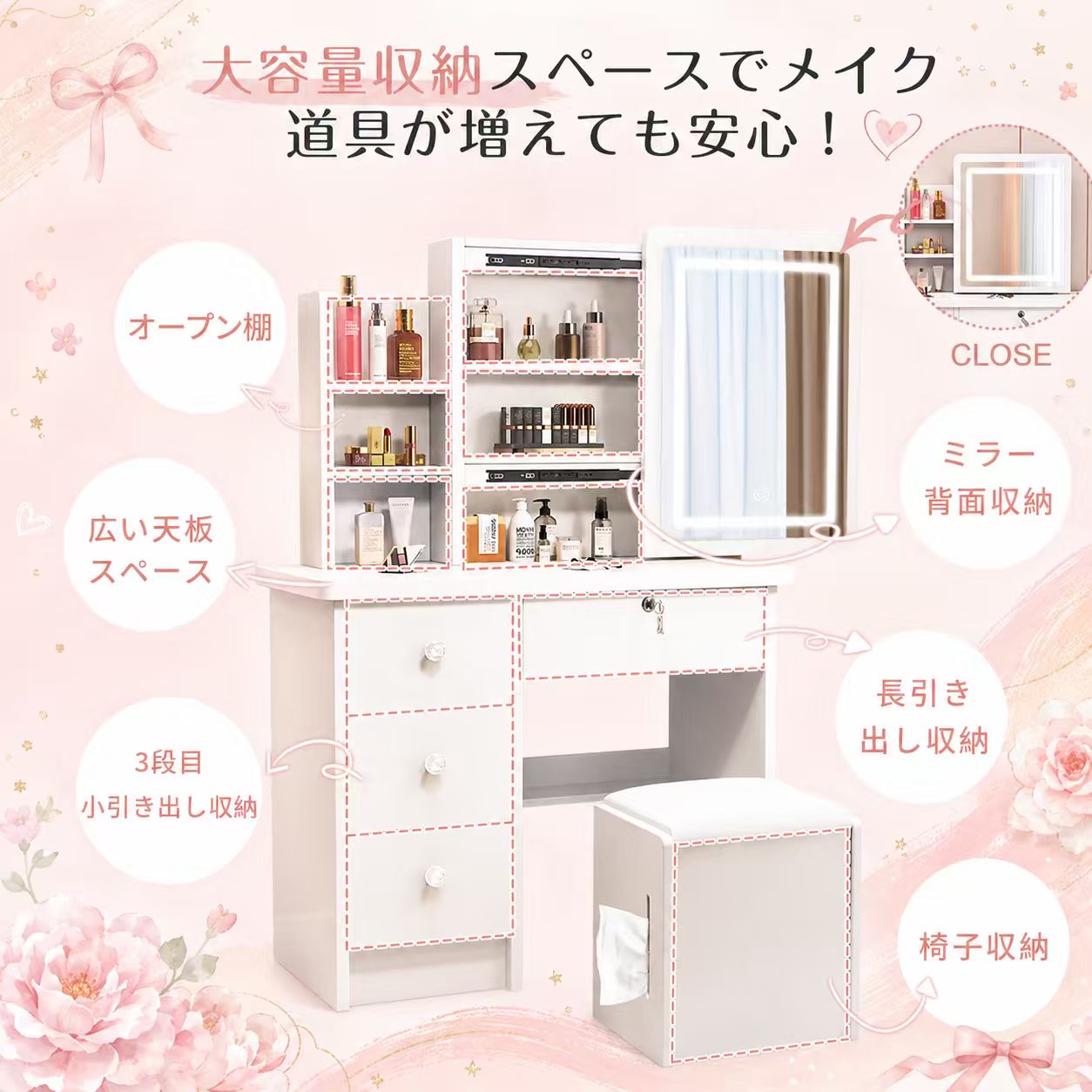 新品未開封 北欧風！LEDドレッサー V01 三色調光 大容量収納 スツール