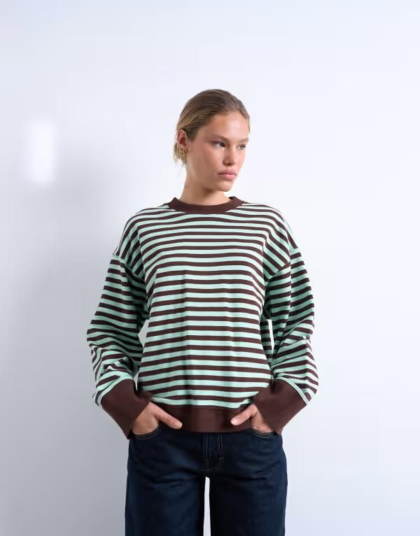 トップショップ レディース アウター パーカー・スウェット Topshop stripe oversizedeep cuff sweat in mint and chocolate Mint and