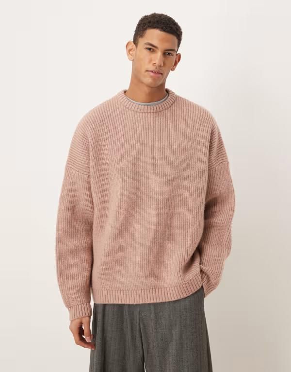 エイソス メンズ アウター ニット・セーター ASOS DESIGN super oversized boxy fit knit fisherman rib sweater in light PINK