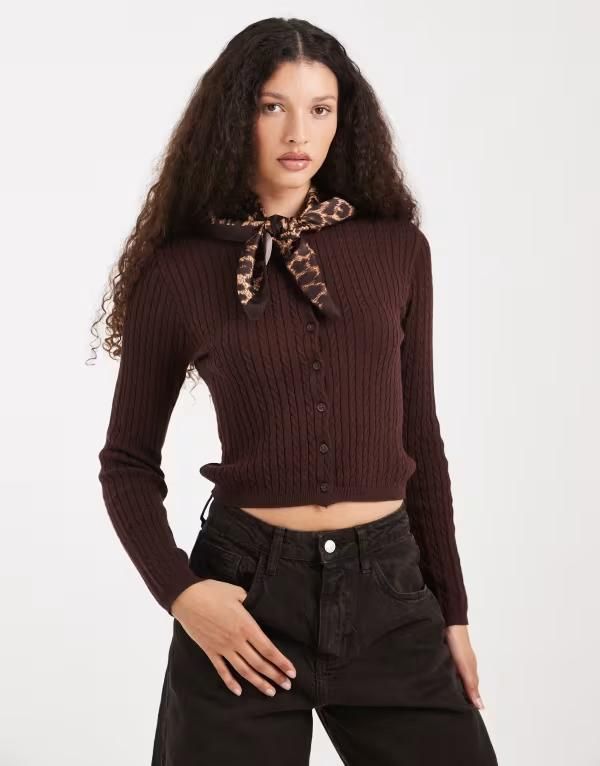 コットンオン レディース アウター カーディガン クルーネック Cotton cotton crew neck cardigan in dark oak DARK OAK