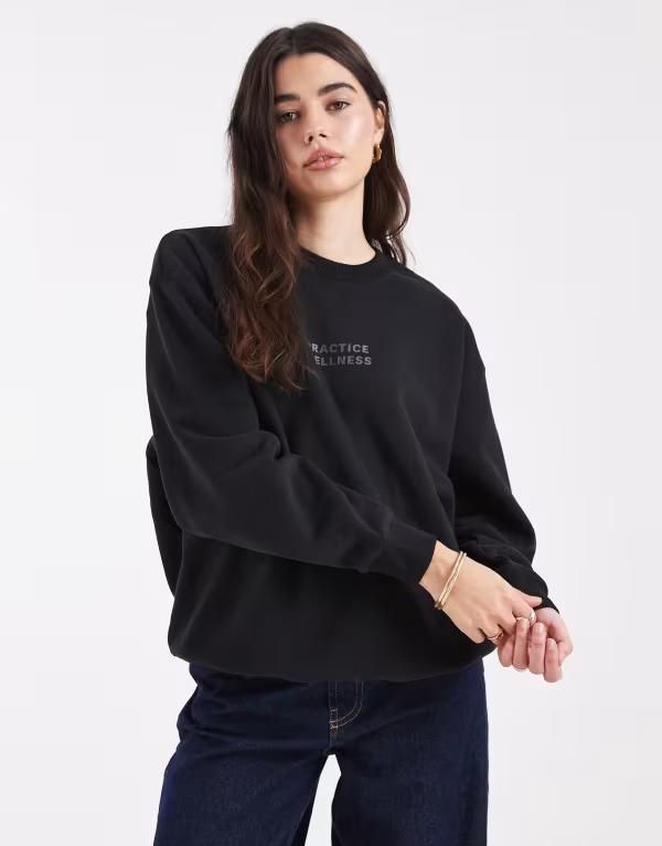 コットンオン レディース アウター パーカー・スウェット クルーネック プラスサイズ シャツ グラフィック Cotton plush graphicrew neck sweatshirt Black