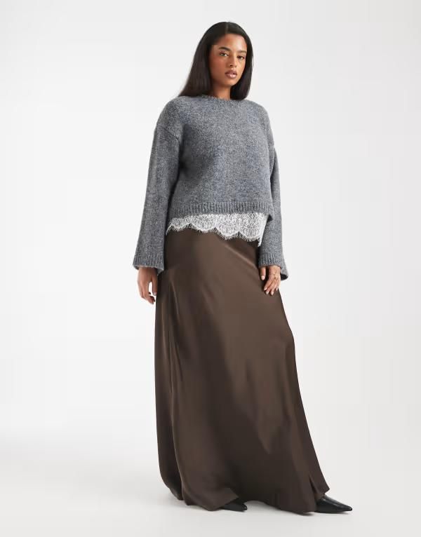 ヴェロモーダ レディース ボトムスカート サテン マキシ Vero Moda Curve satin maxi skirt in chocolate BROWN ブラウン