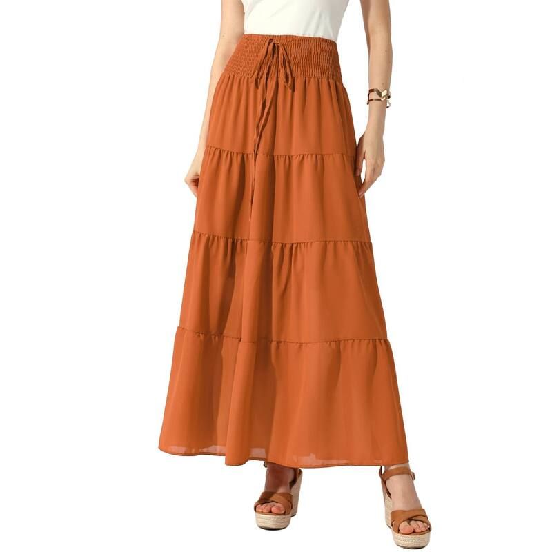 アレグラ ケー レディース ボトムスカート ティアード A ライン シャーリング マキシ ALLEGRA K Womens Boho Skirtsummer Smocked Elastic Waist