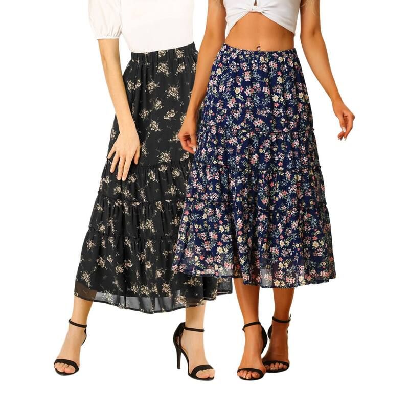 アレグラ ケー レディース ボトムスカート ティアード フラワー柄 プリント フリル マキシ フラワー ALLEGRA K 2 Packs Womens Floral Print Elastic Wa