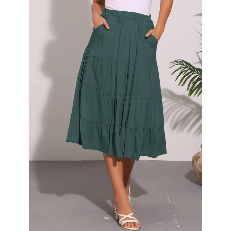 アレグラ ケー レディース ボトムスカート ティアード A ライン ミディ ALLEGRA K Womens Aline Tiered Pockets Midi Long Skirt Dark Ros