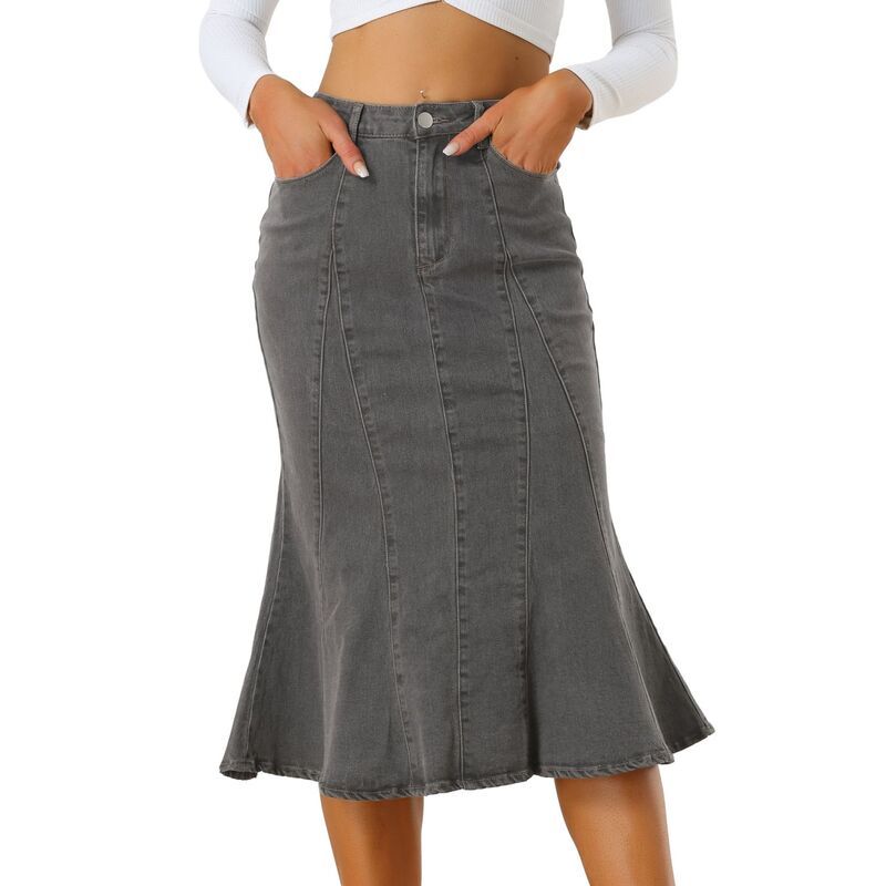 アレグラ ケー レディース ボトムスカート ハイウエスト フリル ミディ デニム ALLEGRA K Womens Zip High Waist Ruffled Fishtail Hem Bodyco