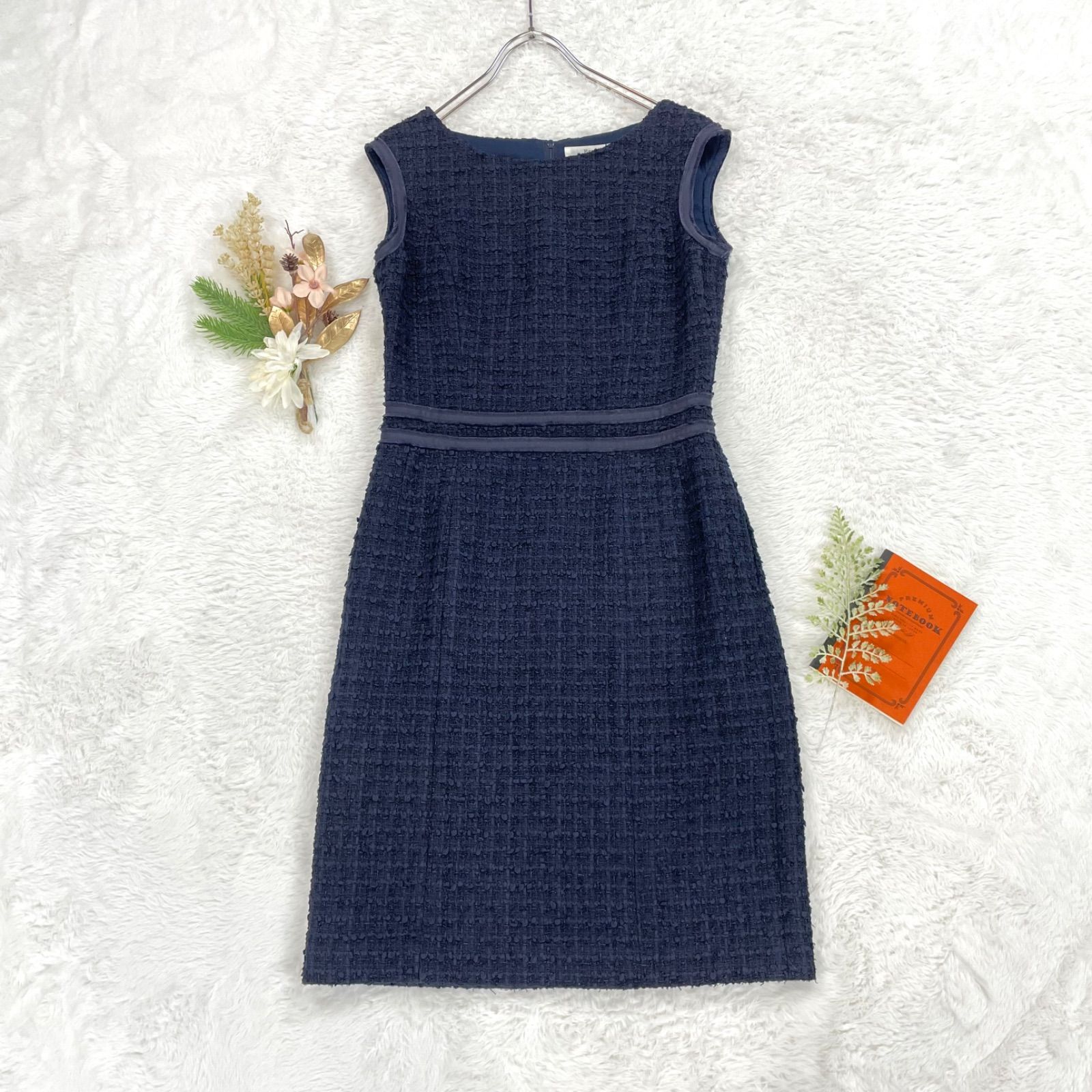 清楚 美品 Rene TISSUE ツイード ジップアップ ワンピース 濃紺 ひざ丈