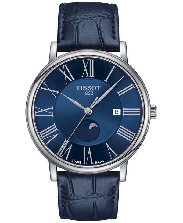 ティソット メンズ アクセサリー 腕時計 レザー Tissot Mens Carson Premium Gent Moonphase Blue Leather Strap Watch 40mm Blu