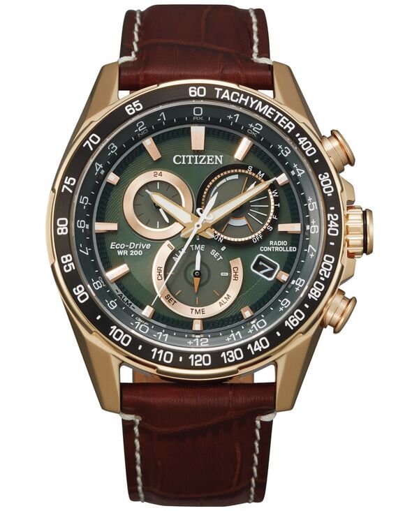 シチズン メンズ アクセサリー 腕時計 レザー Citizen EcoDrive Mens Chronograph PCAT Brown Leather Strap Watch 43mm Gold ゴ
