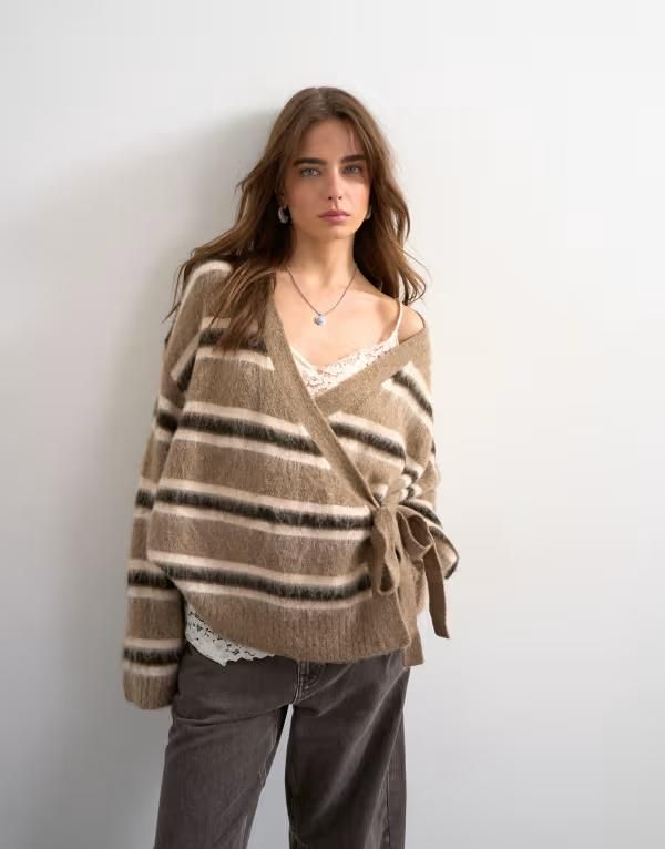 トップショップ レディース アウター カーディガン ニット Topshop knit fluffy striped wrap tie cardigan ineutral Oat ストライプ