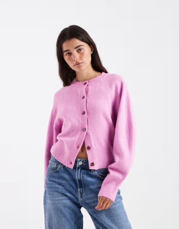 エイソス レディース アウター カーディガン クルーネック ASOS DESIGN crew neck cardigan with raglan sleeve detailing pink ピンク