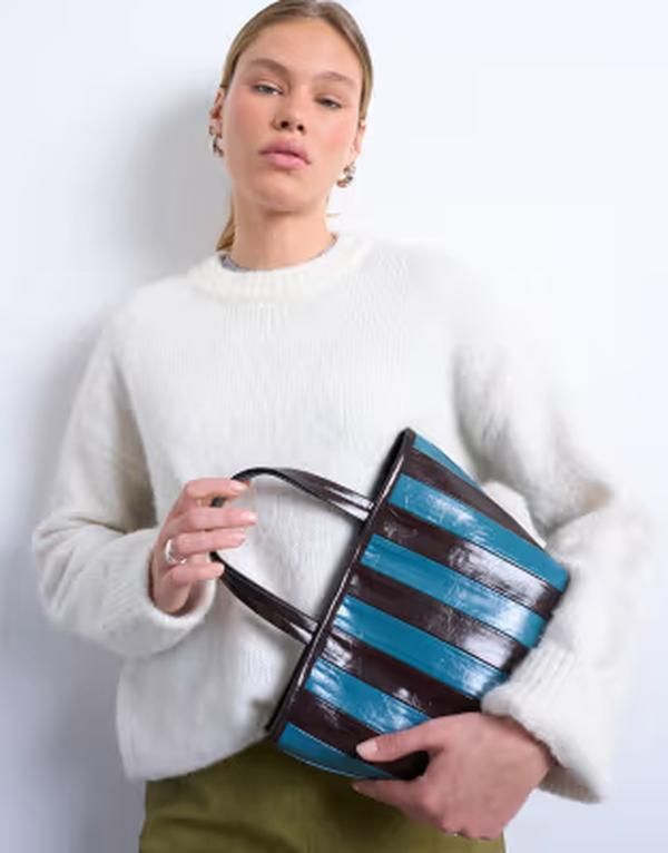 トップショップ レディース バッグ レザー フェイクレザー Topshop Gemma striped faux leather grabag and Blue Brown ブルー