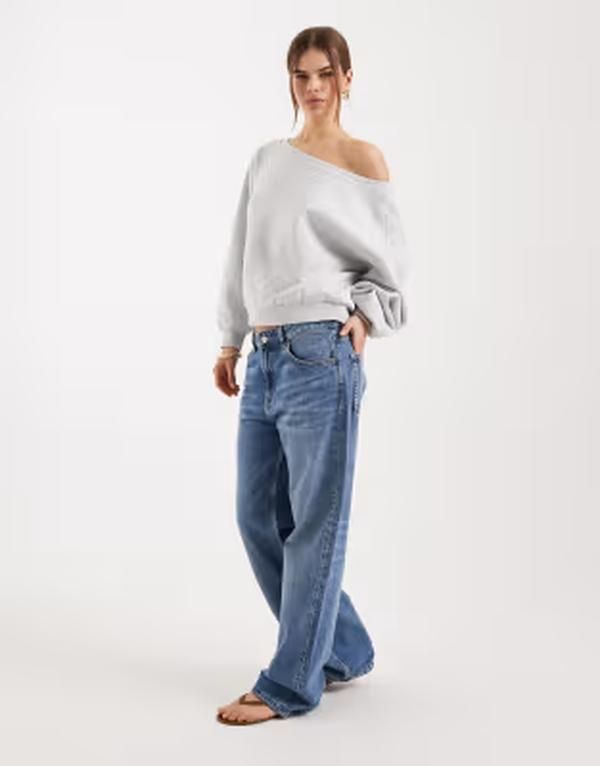 オンリー レディース アウター パーカー・スウェット アシンメトリー シャツ ONLY asymmetric neck sweatshirt Gray グレー