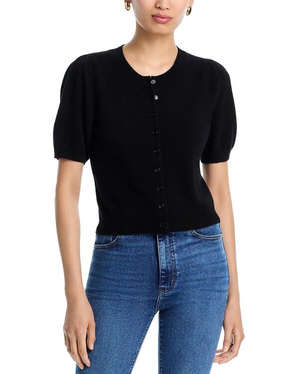 アクア レディース アウター カーディガン AQUA 100 Cashmere Short Puff Sleeve Cardigan Exclusive Black ブラック