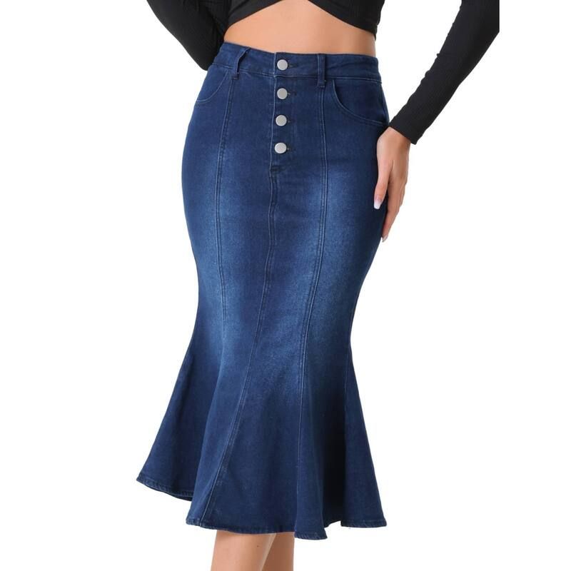 アレグラ ケー レディース ボトムスカート デニム マキシ ALLEGRA K Fishtail Maxi Denim Skirt for Womens Distressed Skirt Black