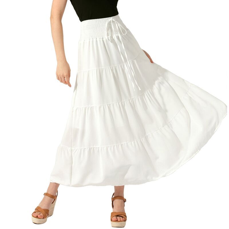 アレグラ ケー レディース ボトムスカート ティアード A ライン シャーリング マキシ ALLEGRA K Womens Boho Skirtsummer Smocked Elastic Waist