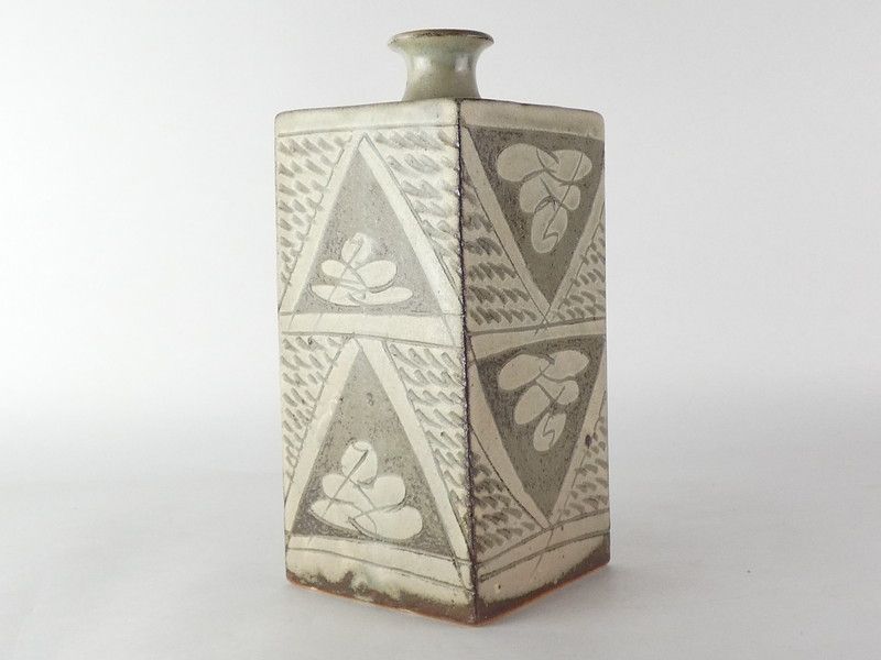 人間国宝 島岡達三⑤「書花草花文 方壷」共箱 約23cm 保証品 R(J-2