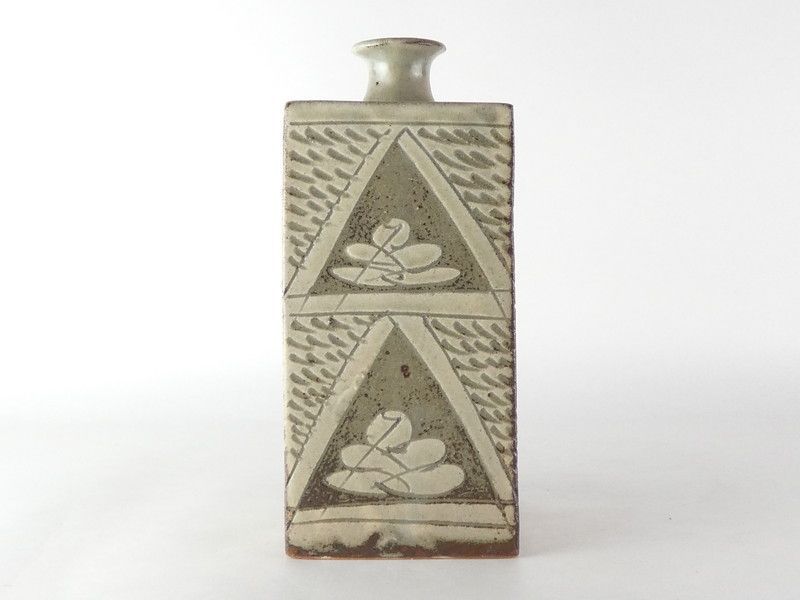 人間国宝 島岡達三⑤「書花草花文 方壷」共箱 約23cm 保証品 R(J-2