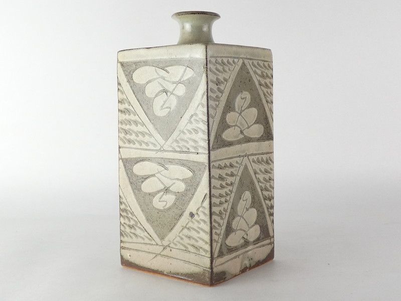 人間国宝 島岡達三⑤「書花草花文 方壷」共箱 約23cm 保証品 R(J-2