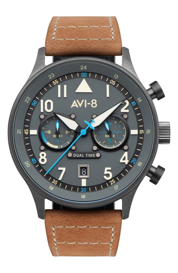 アヴィエイト メンズ アクセサリー 腕時計 レザー AVI8 Hawker Hurricane Carey Chronograph Leather Strap Watch 44mm Grey グレー