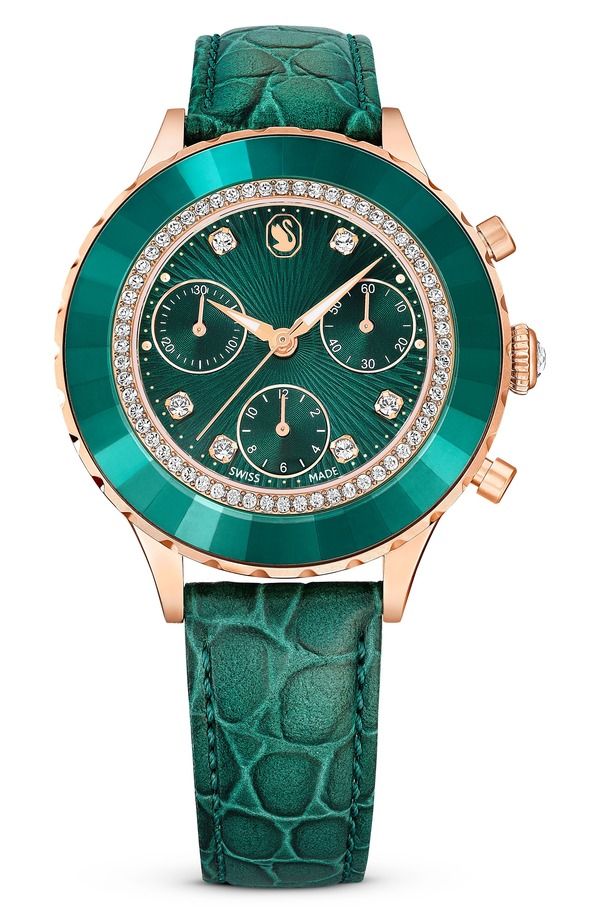 スワロフスキー メンズ アクセサリー 腕時計 レザー Swarovski Octea Chronograph Leather Strap Watch 37mm Green グリーン