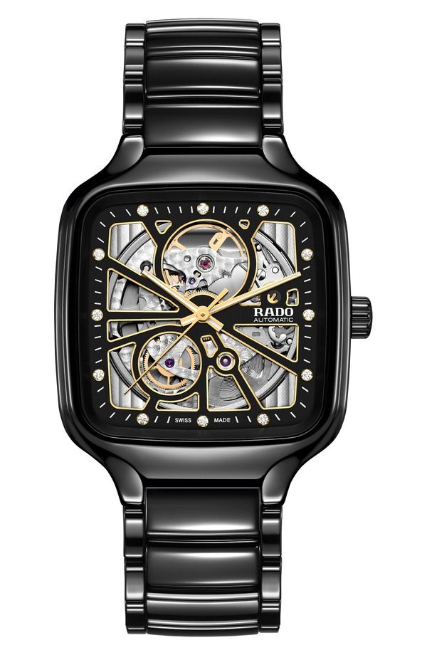 ラド メンズ アクセサリー 腕時計 RADO True Square Diamond Automatic Open Heart Bracelet Watch 38mm Black ブラック